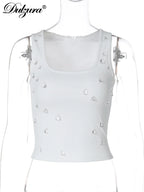 Dulzura Ribbed Sleeveless Crop Tank With Water Droplets Diamond Decorate Sexy Elegant Top Party Club Streetwear Spring Summer