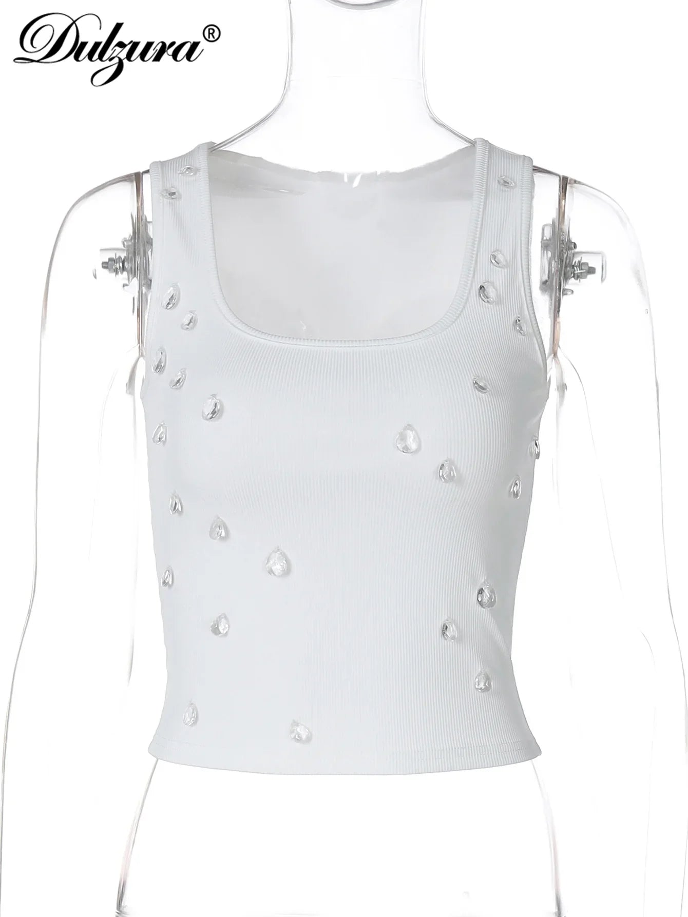 Dulzura Ribbed Sleeveless Crop Tank With Water Droplets Diamond Decorate Sexy Elegant Top Party Club Streetwear Spring Summer
