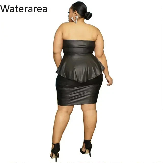 Waterarea Plus Size Elegant Faux Leather Bodycon Midi Skirt Suit  Women Strapless Zipper Fly Ruffles Top Two 2 Piece Set Outfits
