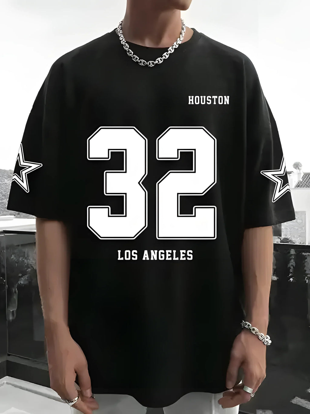 Los Angels Low Classic Letter 32 Printed Men's Round Neck Short Sleeve Comfortable Breathable Speed Drying Harajuku Street