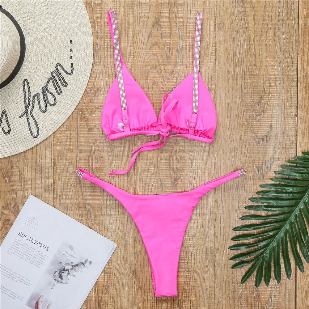 Diamond Swimwear Women 2024 Sexy Pink Micro Bikini Brazilian Black Rhinestone Thong Swimsuits Beach Push Up Bathing Suit Biquini