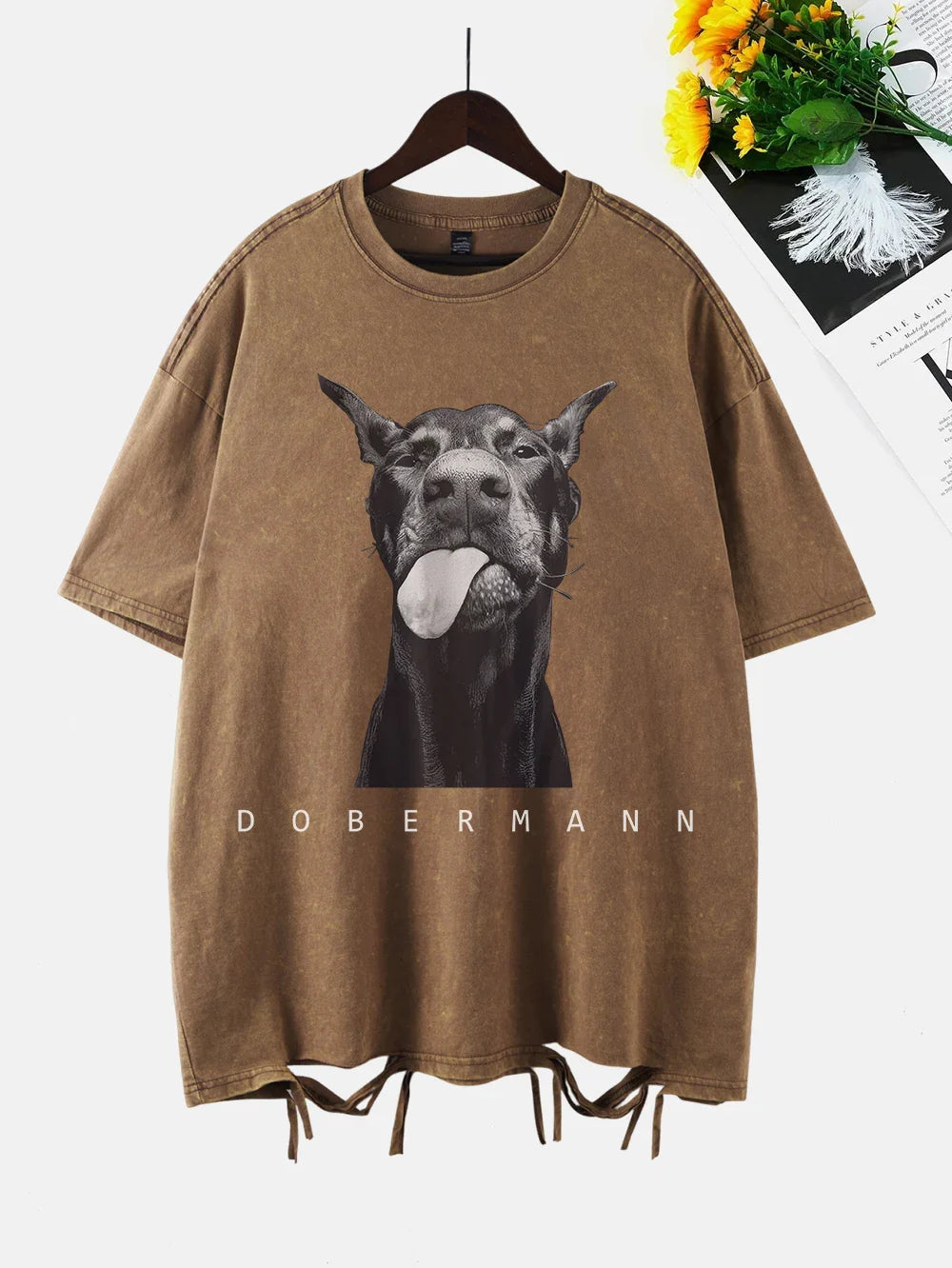 Fashion Creativity Doberman Prints Washed T-Shirt Women Cottontops Distressed O-Neck Oversize T Shirts Vintage Woman Clothes