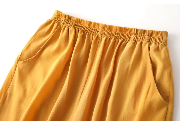 SuyaDream Women Wide Leg Pants 100%Real Silk Solid Elastic Waisted Ankle-length 2024 Office Spring Autumn Chic Trousers Black