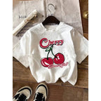 Women's White Round Neck Short Sleeve Summer Comfortable Cotton T-shirt, Casual Cherry Printed T-Shirt, Suitable for Summer