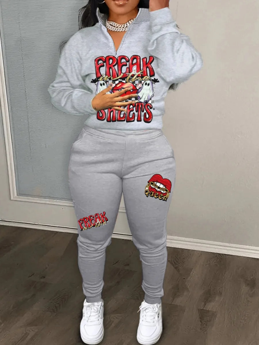 LW Plus Size Women Autumn & Winter Casual Skinny Round Neck Long Sleeve Pocket Zipper Design Cartoon Letter Print Pants Set