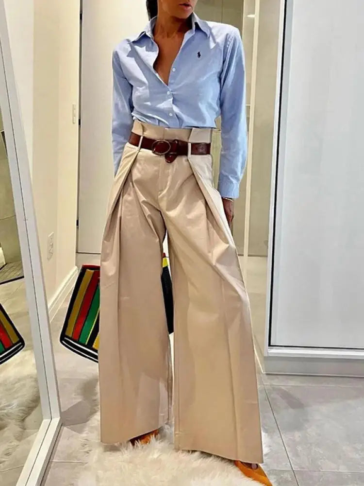 Freeacy 2024 Women's Fashion Commuter Pants Apricot Elastic High Waist Pleated Trousers Full-Length Wide Leg Bottoms for Female