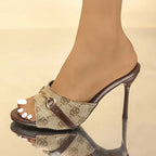 Elegant Metal Buckle High Heels Slippers Women Brand Design Printed Thin Heeled Sandals Woman Fashion Dress Party Shoes Size 42
