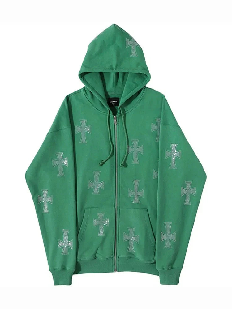 European and American loose top cross hot diamond hoodie women's high street Harajuku retro hip hop zipper Y2K hooded sweatshirt