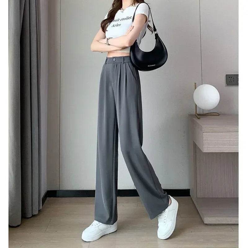 Women Full Length Pants Lady Baggy High Waist Wide Leg Solid Color Trousers Lady Straight Leg Mom Classic Office Pants Slacks
