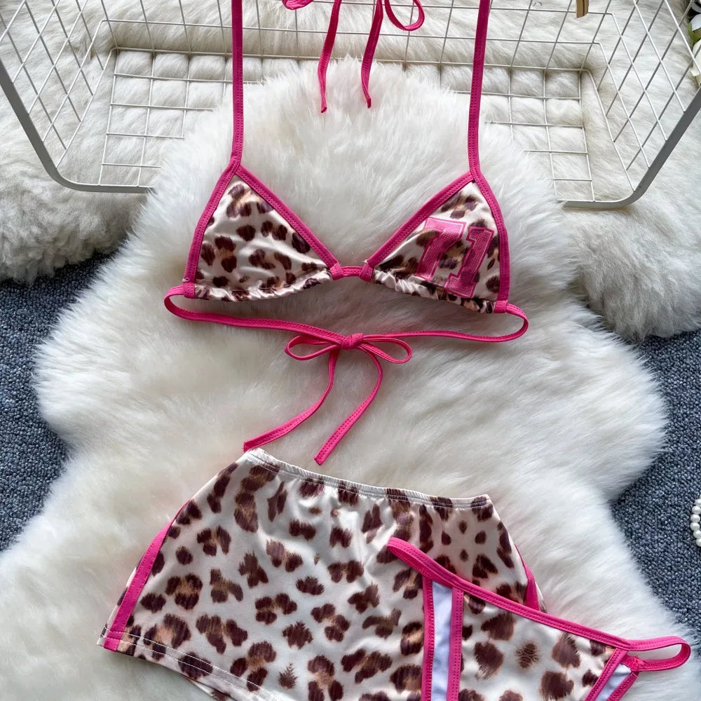 Foamlina American Pure Desire Hottie Strap Leopard Print Bikini Uniform Three-piece Suit Women's Summer Tube Top + Shorts