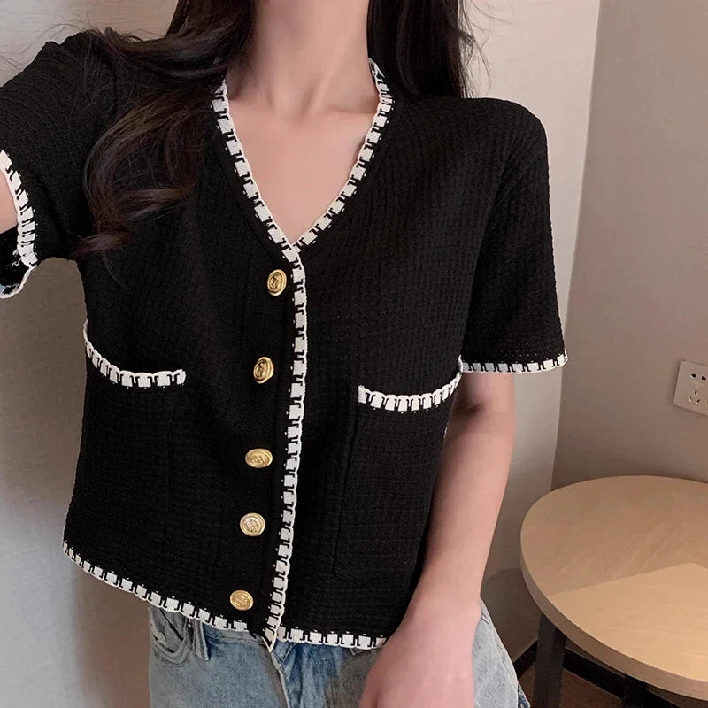 Summer Women New Solid V-Neck Casual Crop Top Single-breasted Pocket Patchwork Cardigan Versatile Loose Short Sleeve Shirts 2025