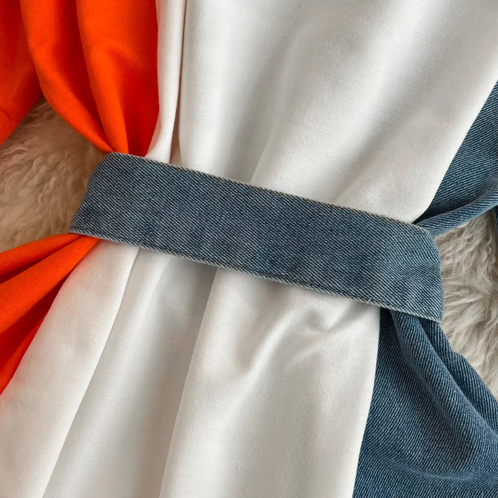 XFPV 2025 Summer Fashion Short Sleeve Round Neck High Waistband Slim A-line Denim Printed Patchwork Dress For Women SM11498