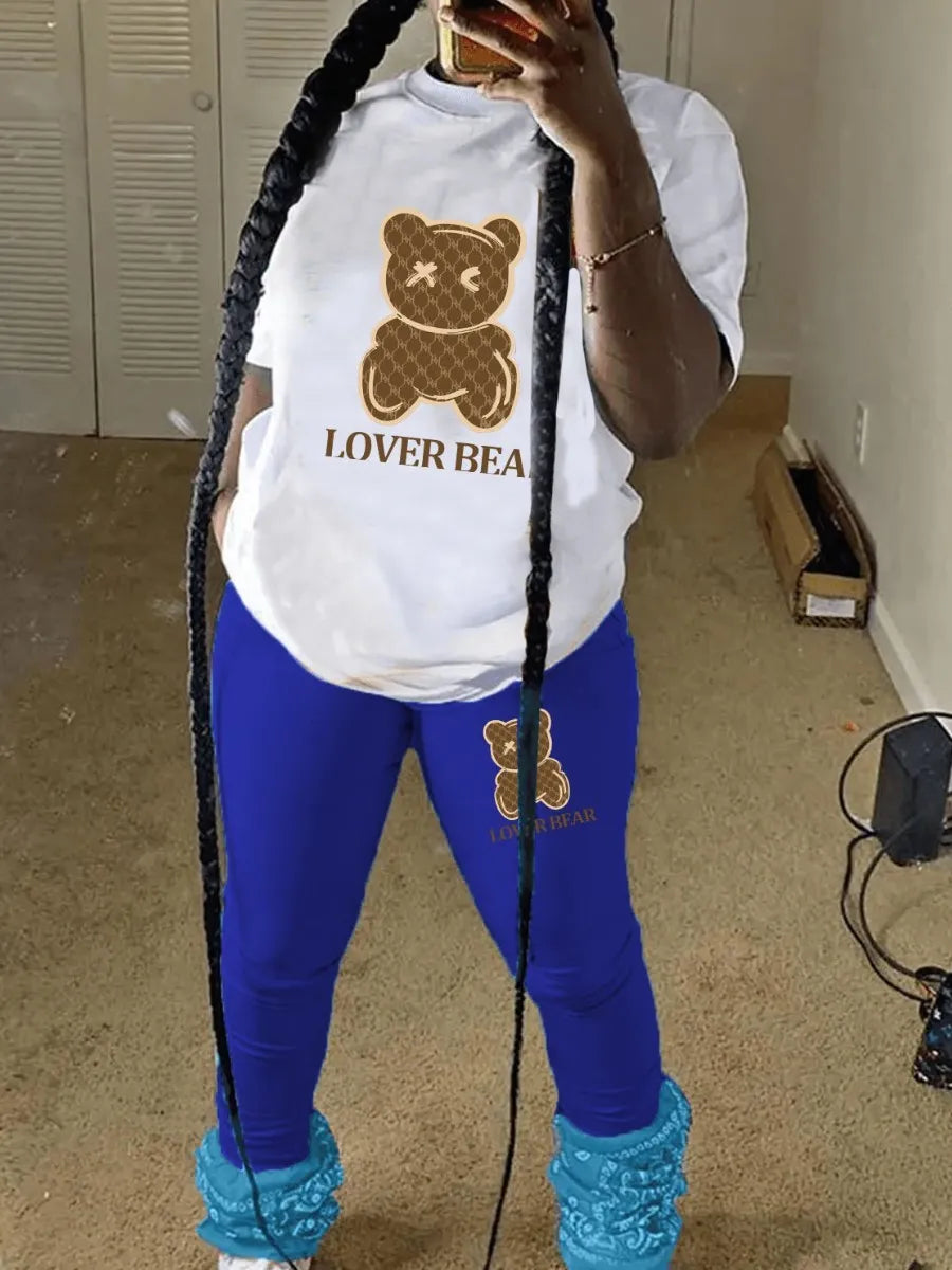 LW Plus Size Women Two Piece Tracksuits 23 Digital Print Skinny Pants Set  short Sleeve Sweatshirt +Skinny Pants Set Women Track