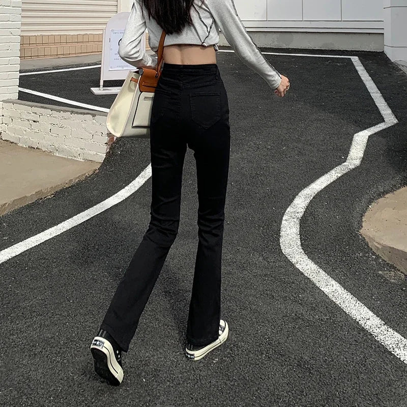 Woman American High Waist Slim Fit Bell Bottom Jeans Female Fashion Y2k Flare Pants Girls Elastic Designer Black Denim Trousers
