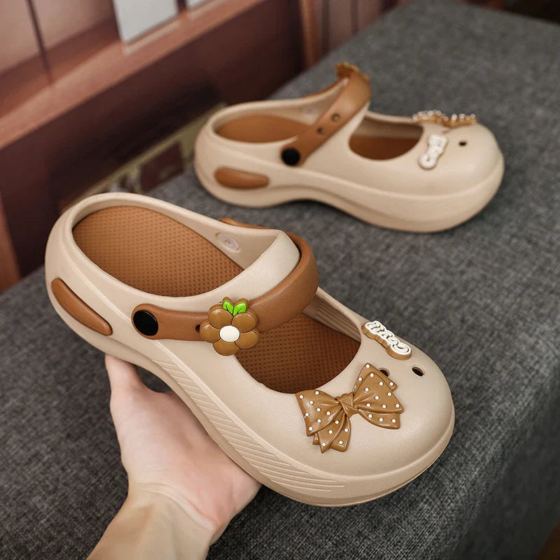 Women Mary Jane Sandals Platform Cute Bow Knot Girl Clogs Arch Support Garden Shoes Slip-on Outdoor Beach Shoes Height Increase