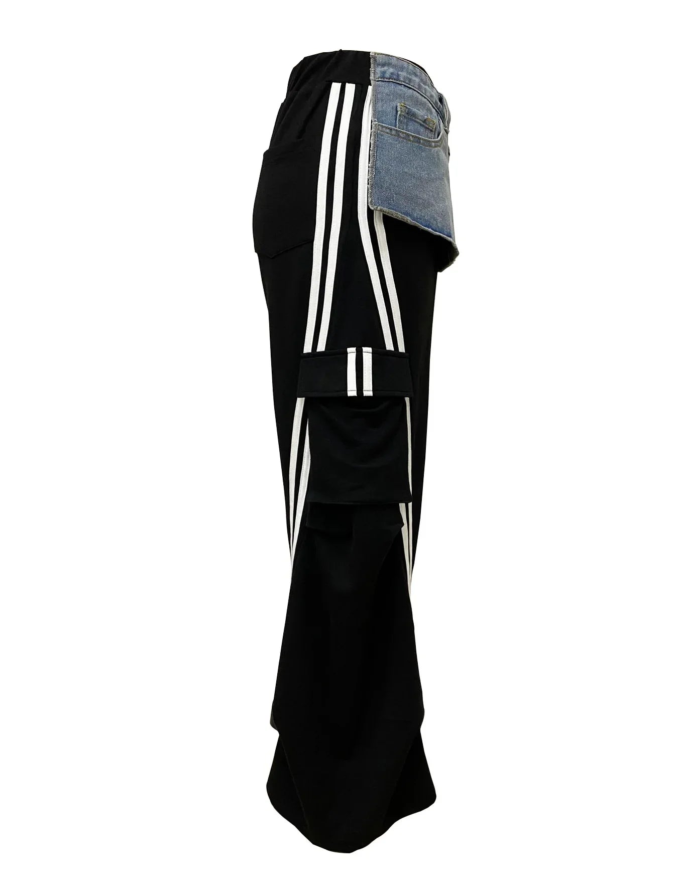 CM.YAYA Fashion Women Denim Patchwork Pocket Side Wide Leg Loose Jogger Pants 2024 Active Jean Splicing Sweatpants Trousers