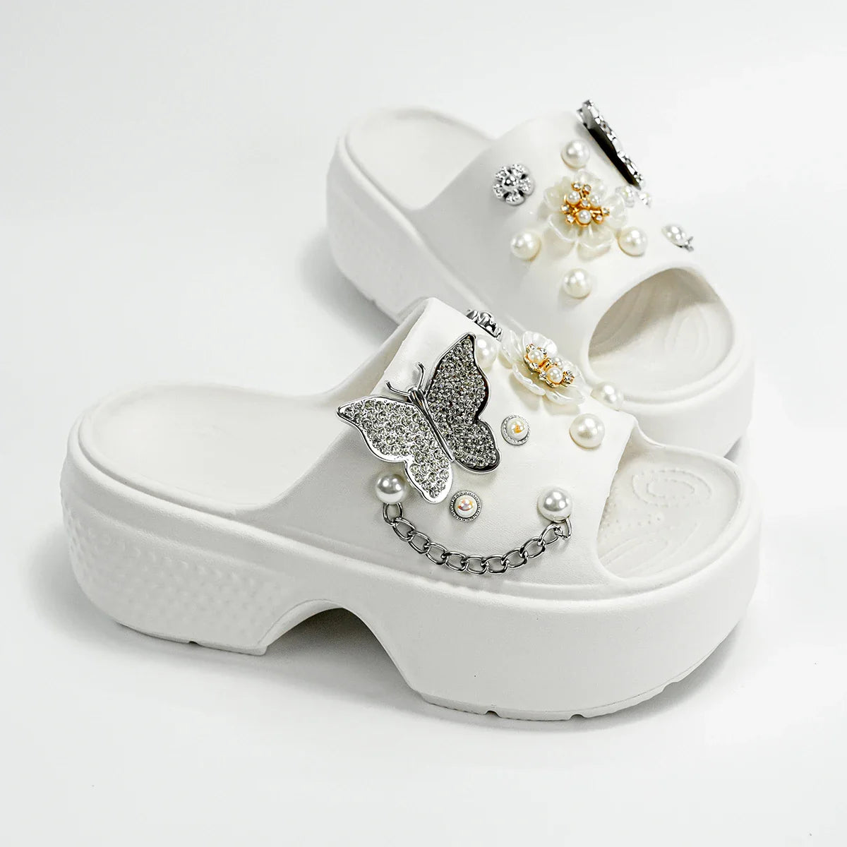 Fashionable Silver Butterfly Flower One-Line Sandals Outdoor Thick-Soled Heightening Sandals E20