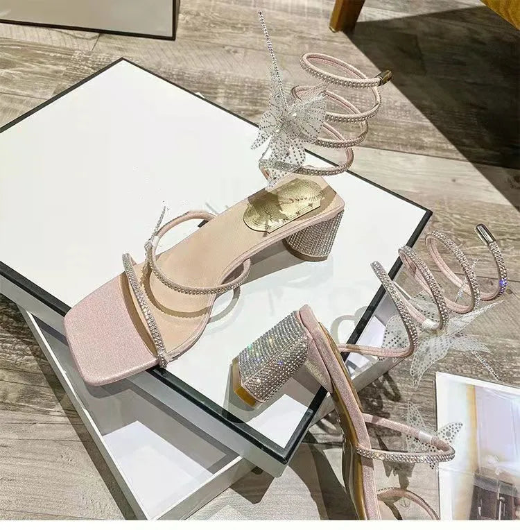 Xibeilove 2024 Summer Luxury Women Sandals Crystal Square Head Gold Rhinestone Snake Pattern High Heels Wedding Party Shoes