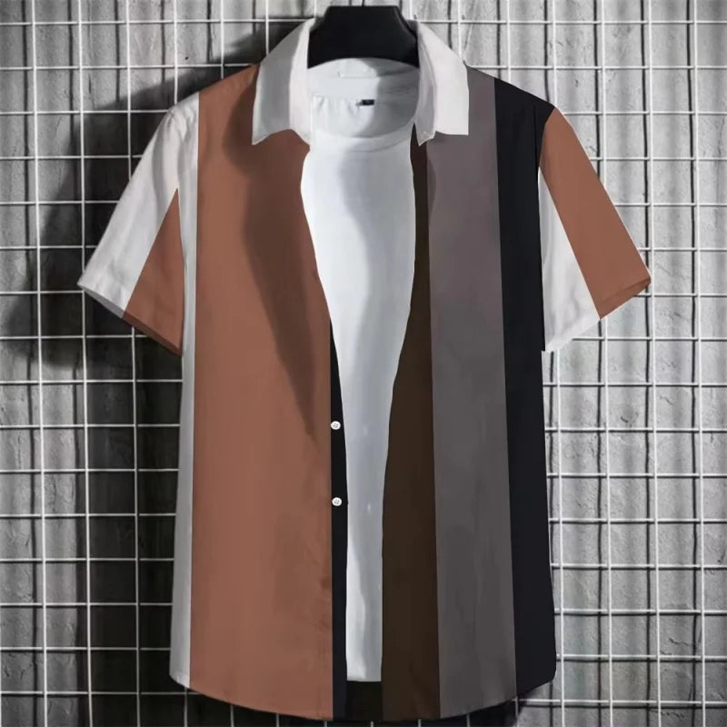 Colorful Simple Stripe Hawaiian Shirts For Men Color Block 3D Printed Short Sleeve Tops Fashion Streetwear Lapel Button Blouse