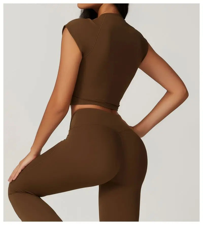 Two Piece Short Sleeve Sport Yoga Set Outfit Fitness Gym Set Workout Clothes for Women Flare Leggings Sportwear Women Tracksuit