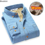 New 2025 Autumn Winter Warm Denim Jeans Dress Shirt Men Fleece Lined Velvet Shirts Button Down Brand Male Bottoming Men's Shirt
