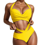 Women Solid Halter Tube Top Swimsuit Cross Ruched Wrap Chest Crop Tops High Waist Hollow Bikini Set Two Pieces Swimsuit Swimwear