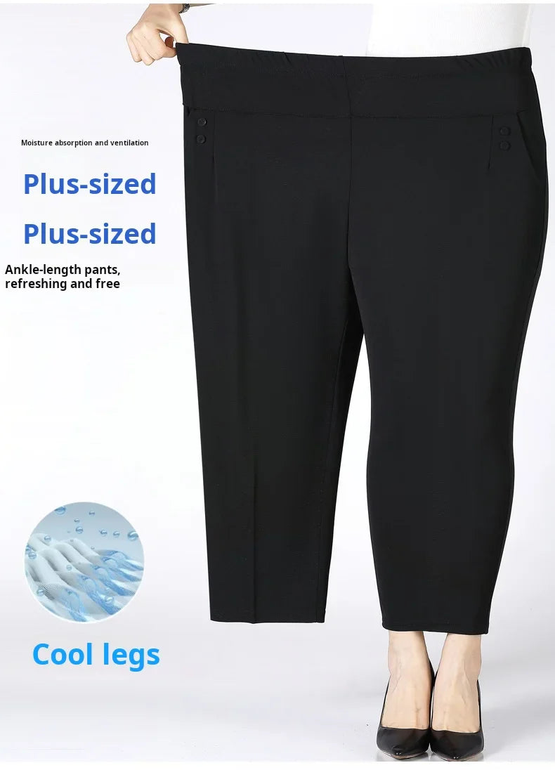 Summer Thin Breathable Elastic Pants 8XL Women's Solid Color High Waisted Loose Casual Pants Middle-aged Elastic straight leg