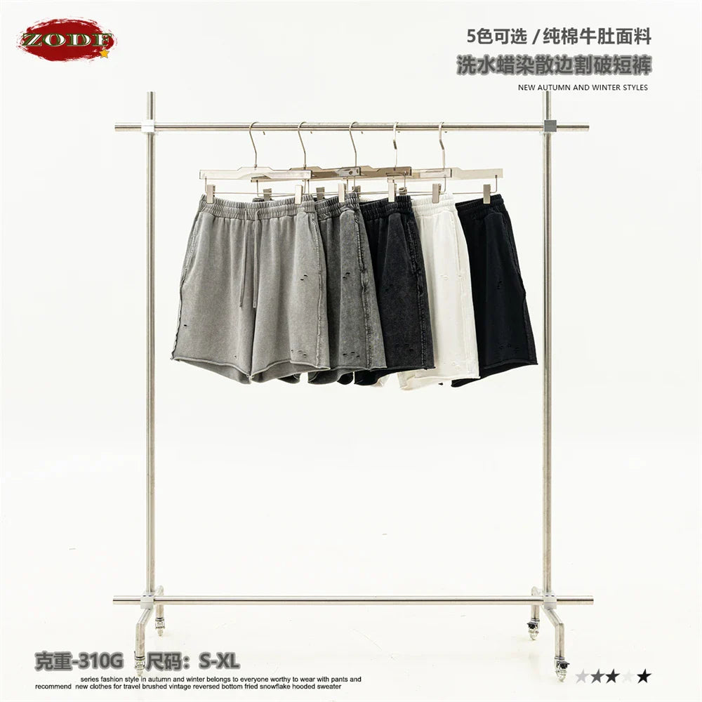 ZODF Retro 2025 Summer High Street Cotton Shorts Unisex Vintage Washed 310gsm Holes Distressed Shorts Brand Streetwears HY0985