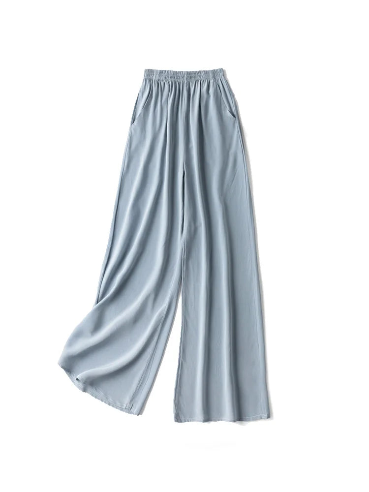 SuyaDream Women Wide Leg Pants 100%Real Silk Solid Elastic Waisted Ankle-length 2024 Office Spring Autumn Chic Trousers Black