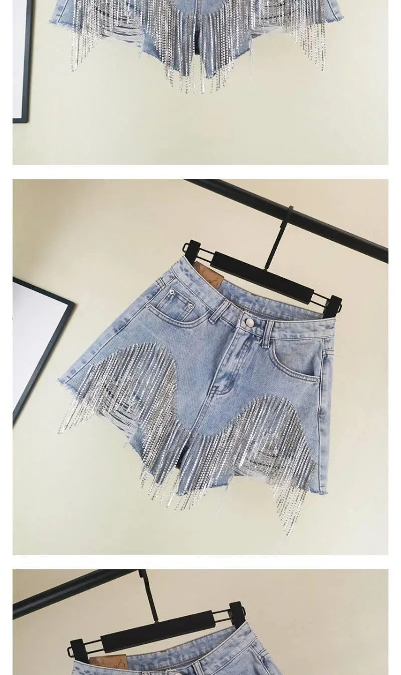 Chain Jeans Women's 2022 Summer New High Waist Slim Sexy Shorts Heavy Beading Ladies Denim Shorts Women Fashion