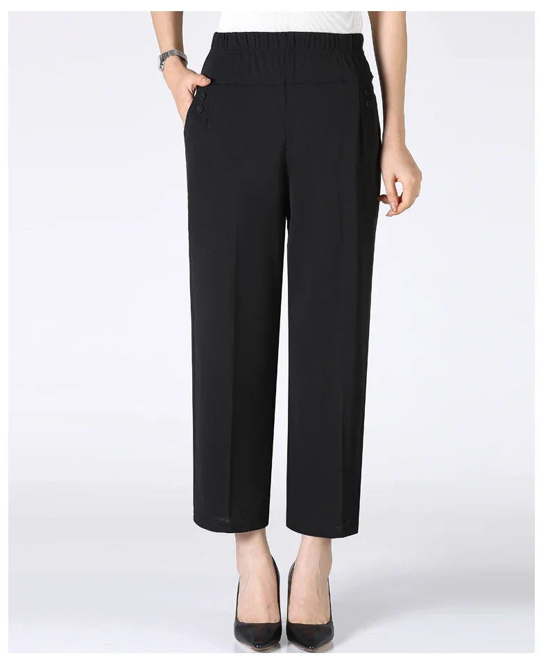 Summer Thin Breathable Elastic Pants 8XL Women's Solid Color High Waisted Loose Casual Pants Middle-aged Elastic straight leg