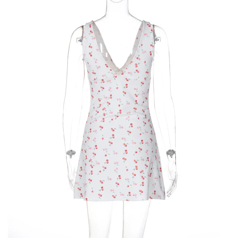 Hugcitar 2024 Cherry Print Straps Backless Draped Sexy Bodycon Mini Dress Summer Women Elegant Clothes Birthday Party Vacation