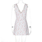 Hugcitar 2024 Cherry Print Straps Backless Draped Sexy Bodycon Mini Dress Summer Women Elegant Clothes Birthday Party Vacation