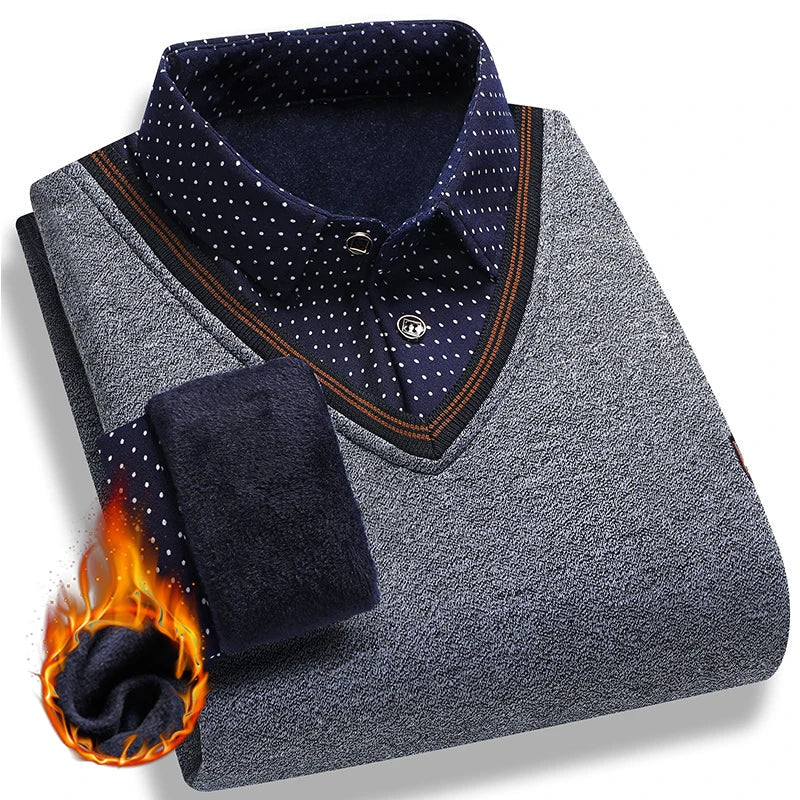 Men's Autumn Winter Sweater Pullover Polo Shirt Collar Fleece Thick Warm Top Clothes Business Casual Jumpers