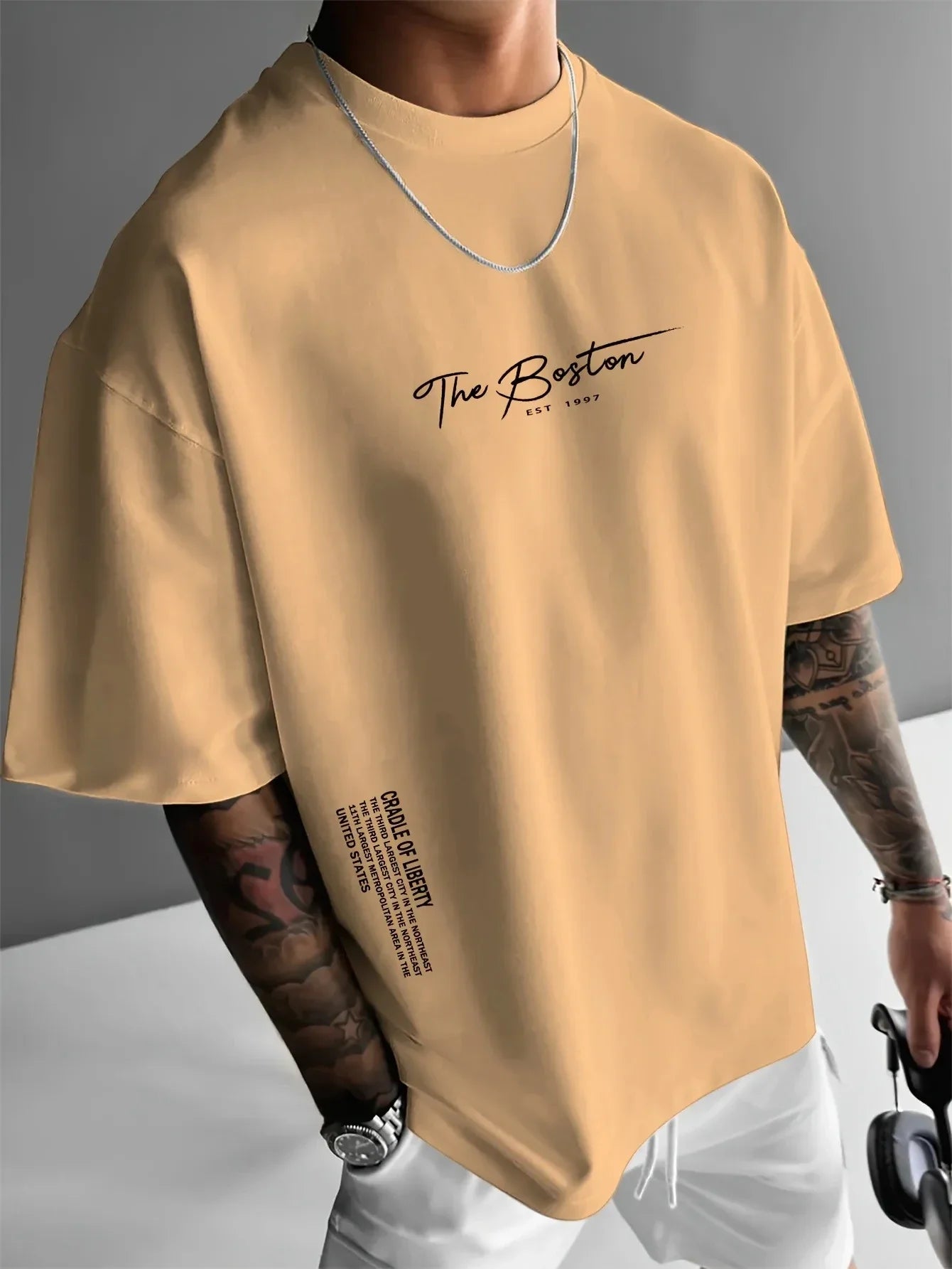 Men's Casual Fashion T-shirt Printed Cotton Boston Slogan Letter Crew Jumper Summer Daily Outdoor Sports Leisure Sports