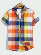 Men's And Women's Fun Block Pattern Printed Shirts Casual Design Short Sleeve Shirts Fashion Button-Ups