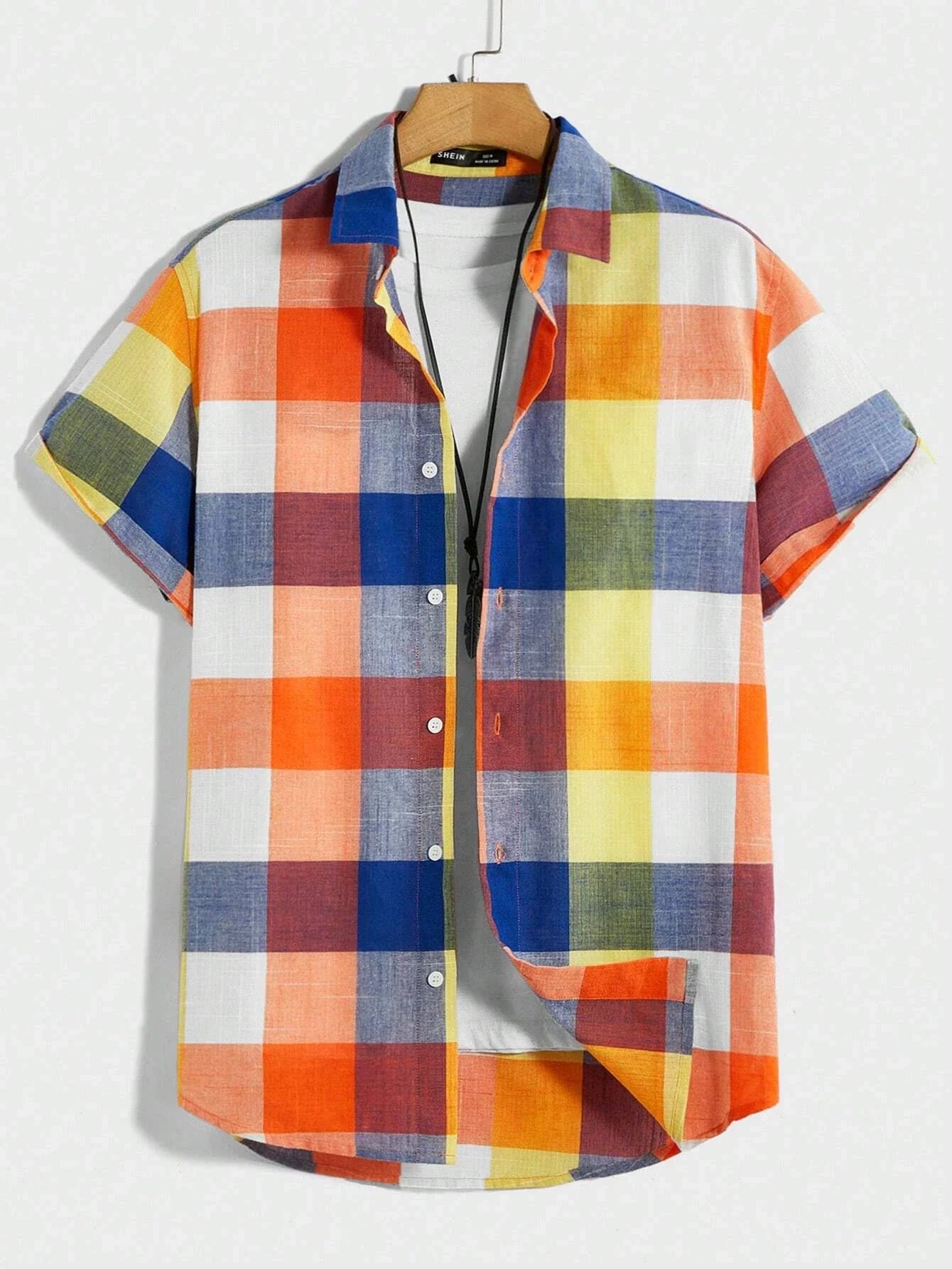 Men's And Women's Fun Block Pattern Printed Shirts Casual Design Short Sleeve Shirts Fashion Button-Ups