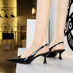 Women 6cm High Heels Retro Streetwear Catwalk Sandles Lady Daily Work Slingback Strap Elastic Mid Heels Glossy Leather Sandals