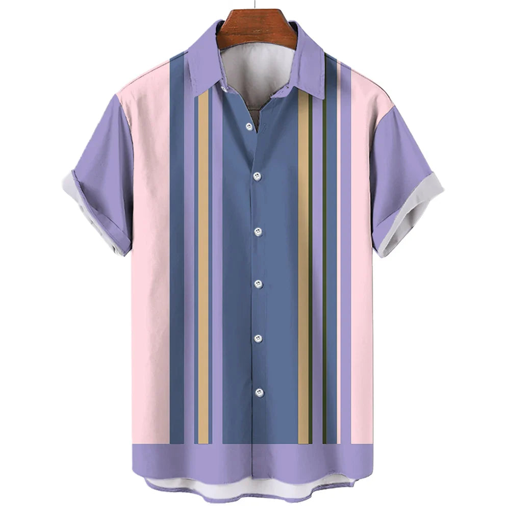 Fashion Men Striped Button Shirt Summer Oversized Short Sleeve Business Casual Streetwear Male