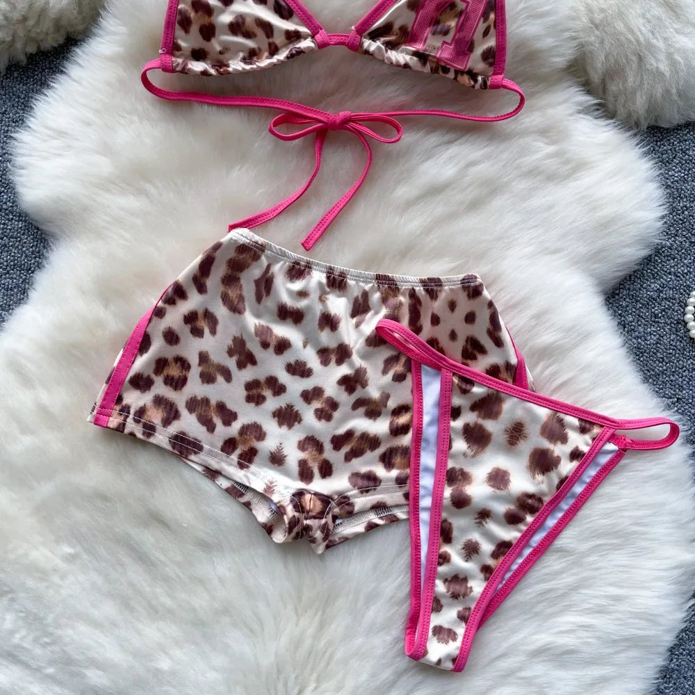 Foamlina American Pure Desire Hottie Strap Leopard Print Bikini Uniform Three-piece Suit Women's Summer Tube Top + Shorts