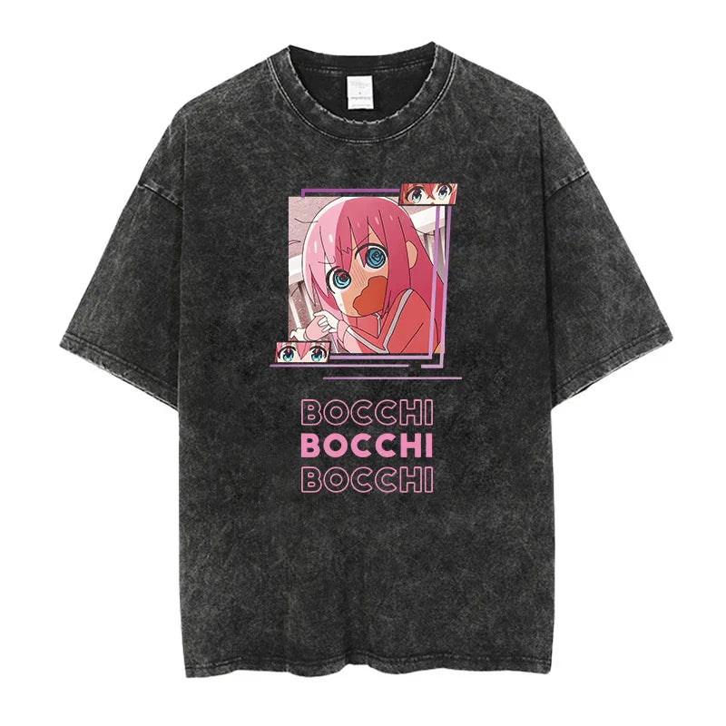 Men Oversized Printed Tshirts Bocchi Club Music Band Anime Bocchi The Rock Cotton Tops Creative Crew Neck Tees Washed TShirt