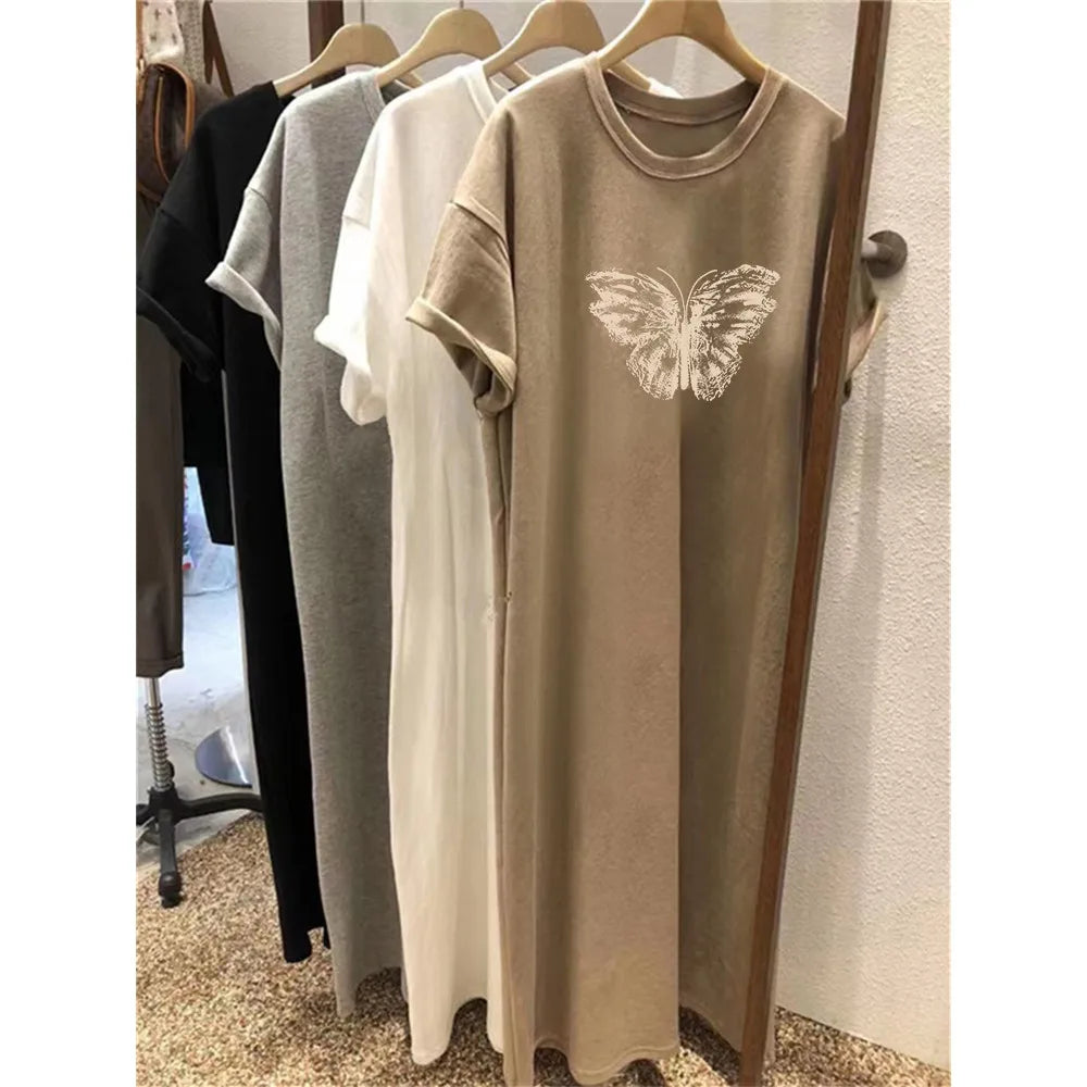 Summer Short Sleeved Dress Women's Korean Ins Butterfly Print Oversized Loose Round Neck Dress