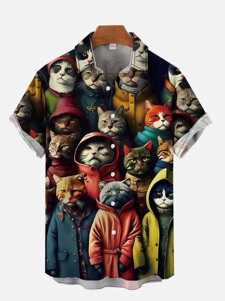 Men'S Cute Cat Printed Casual Shirt Daily Wear 3D Printing Classic Short Sleeve Fashion Hawaiian Shirts For Men Harajuku