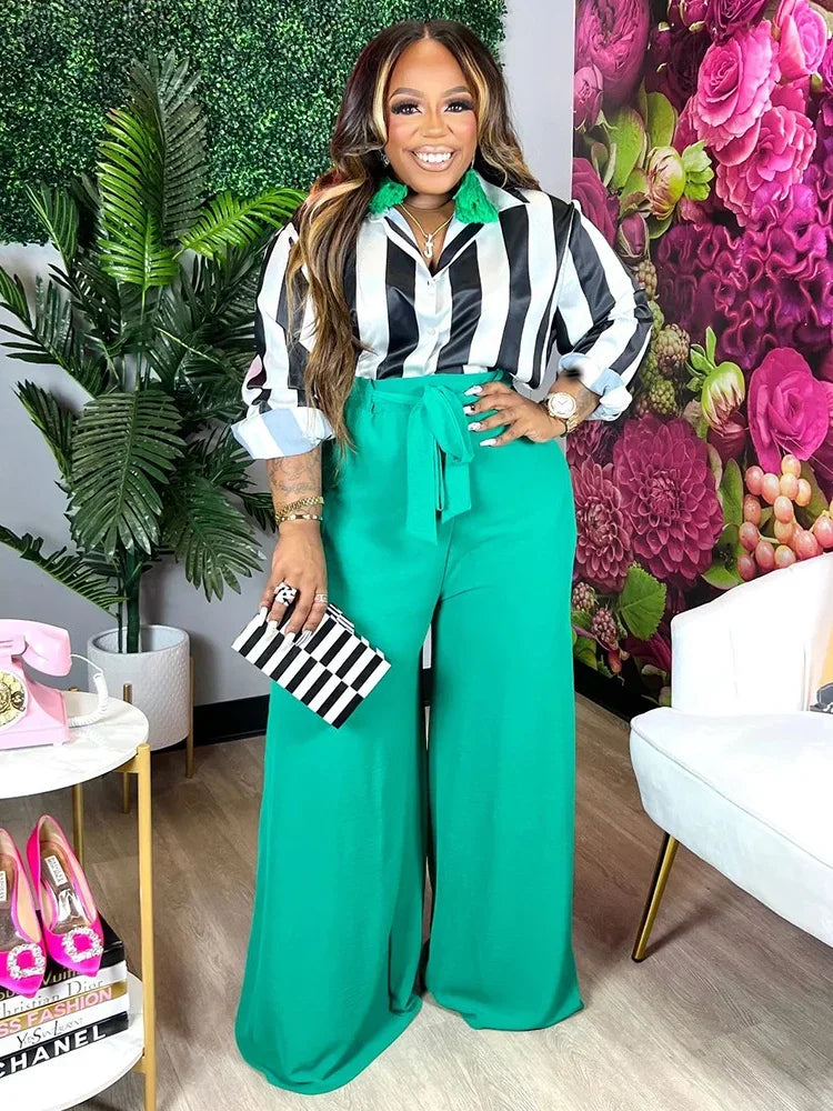 Wmstar Plus Size Women 2 Piece Clothes Print High Waist Long Sleeve Top Wide Leg Fashion Office Lady Casual Matching Pants Sets