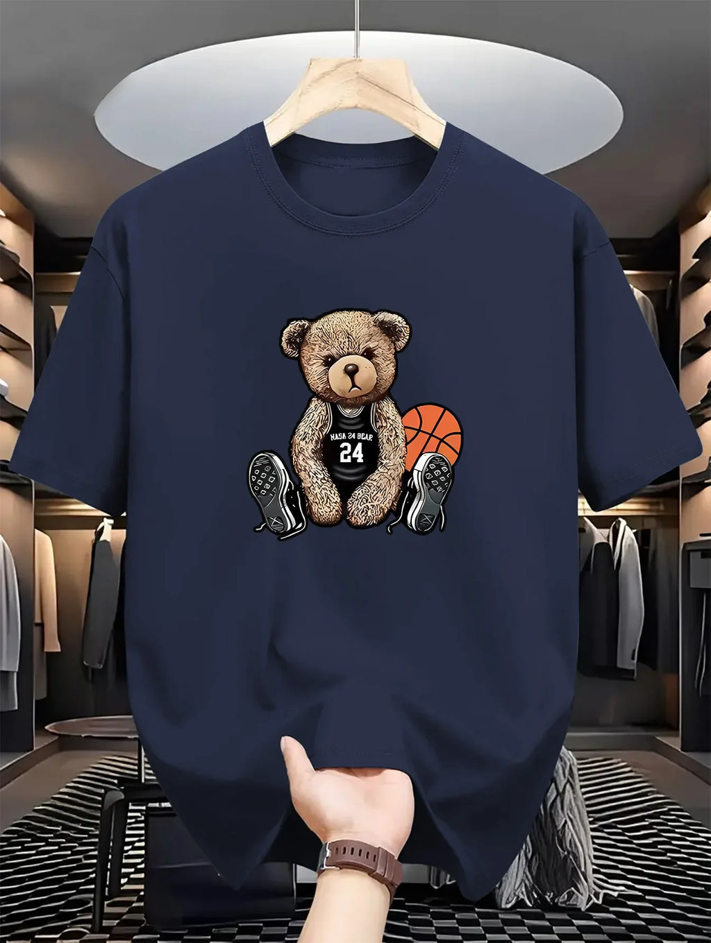 Men's summer 100% pure cotton fashionable casual loose plus size Leisure Bear printed sports round neck short sleeved T-shirt