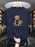 Men's summer 100% pure cotton fashionable casual loose plus size Leisure Bear printed sports round neck short sleeved T-shirt