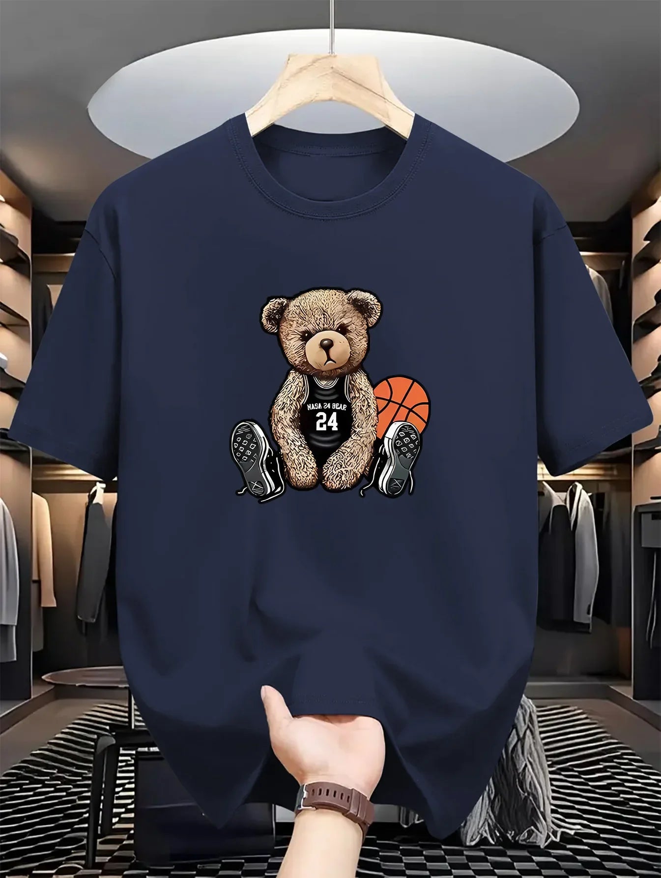 Men's summer 100% pure cotton fashionable casual loose plus size Leisure Bear printed sports round neck short sleeved T-shirt