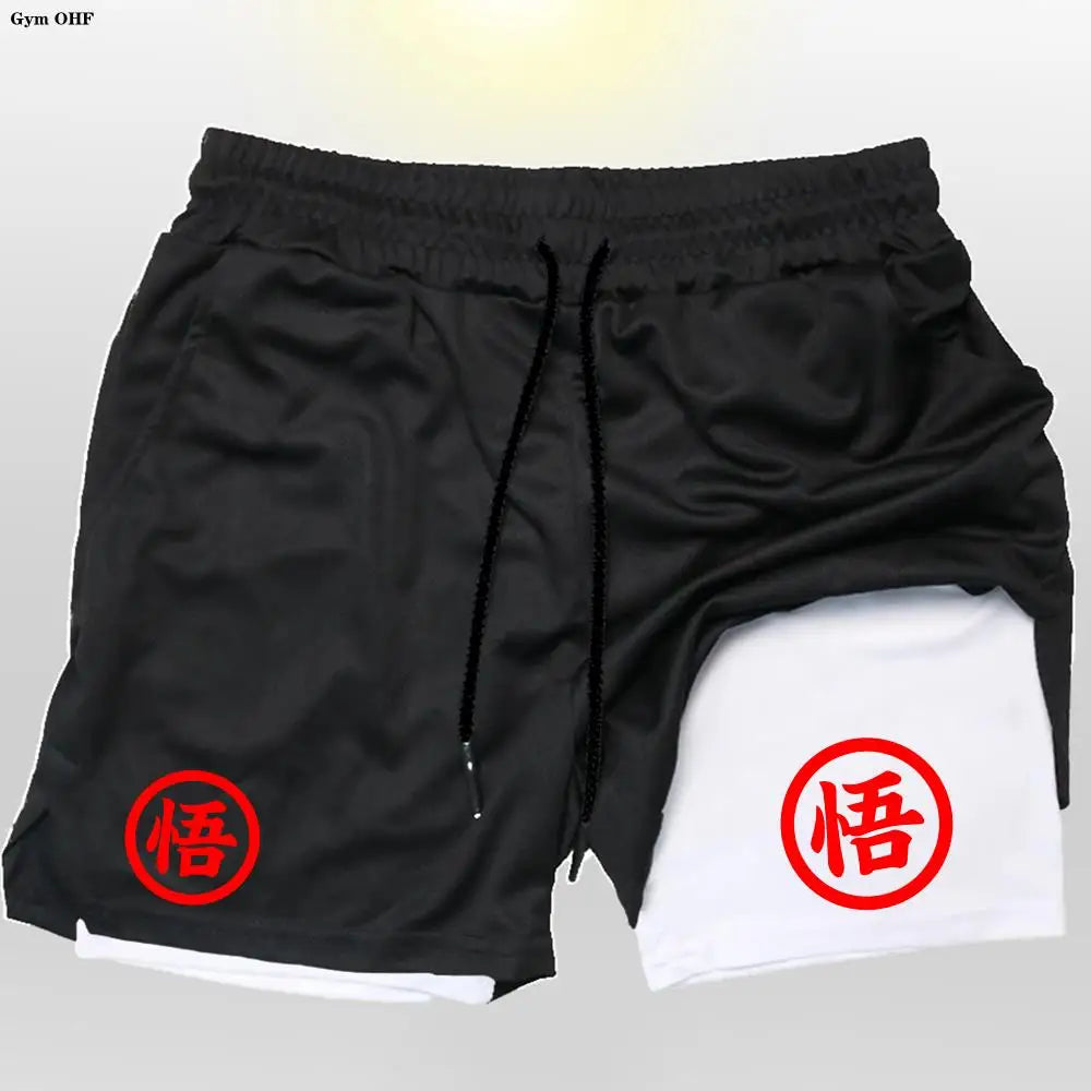 Goku Anime Running Shorts Men Fitness Gym Training 2 in 1 Sports Quick Dry Workout Jogging Double Deck