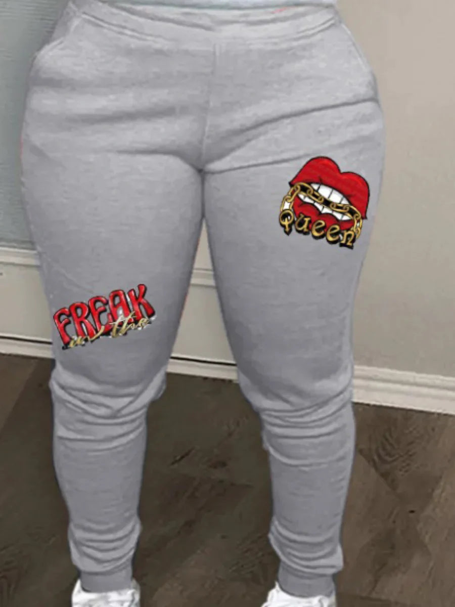 LW Plus Size Women Autumn & Winter Casual Skinny Round Neck Long Sleeve Pocket Zipper Design Cartoon Letter Print Pants Set