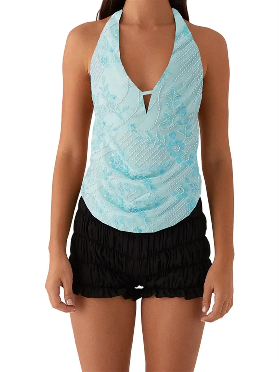 Elegant  Sequins Patchwork Women Halter Tops Summer Beaded Floral Pattern Backless Shirts Vest for Streetwear Aesthetic  Clothes
